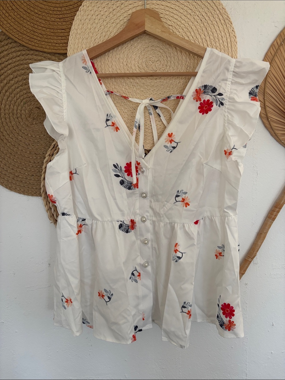 Floral Button-Front Tie-Back Peplum Top - White with Red & Navy Flowers